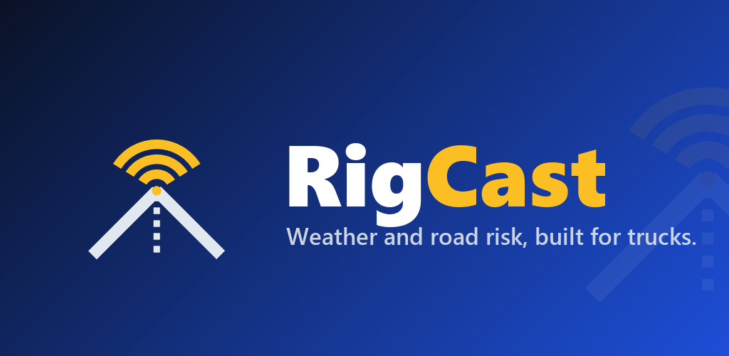 RigCast app: a truck-aware risk verdict over a stormy highway.