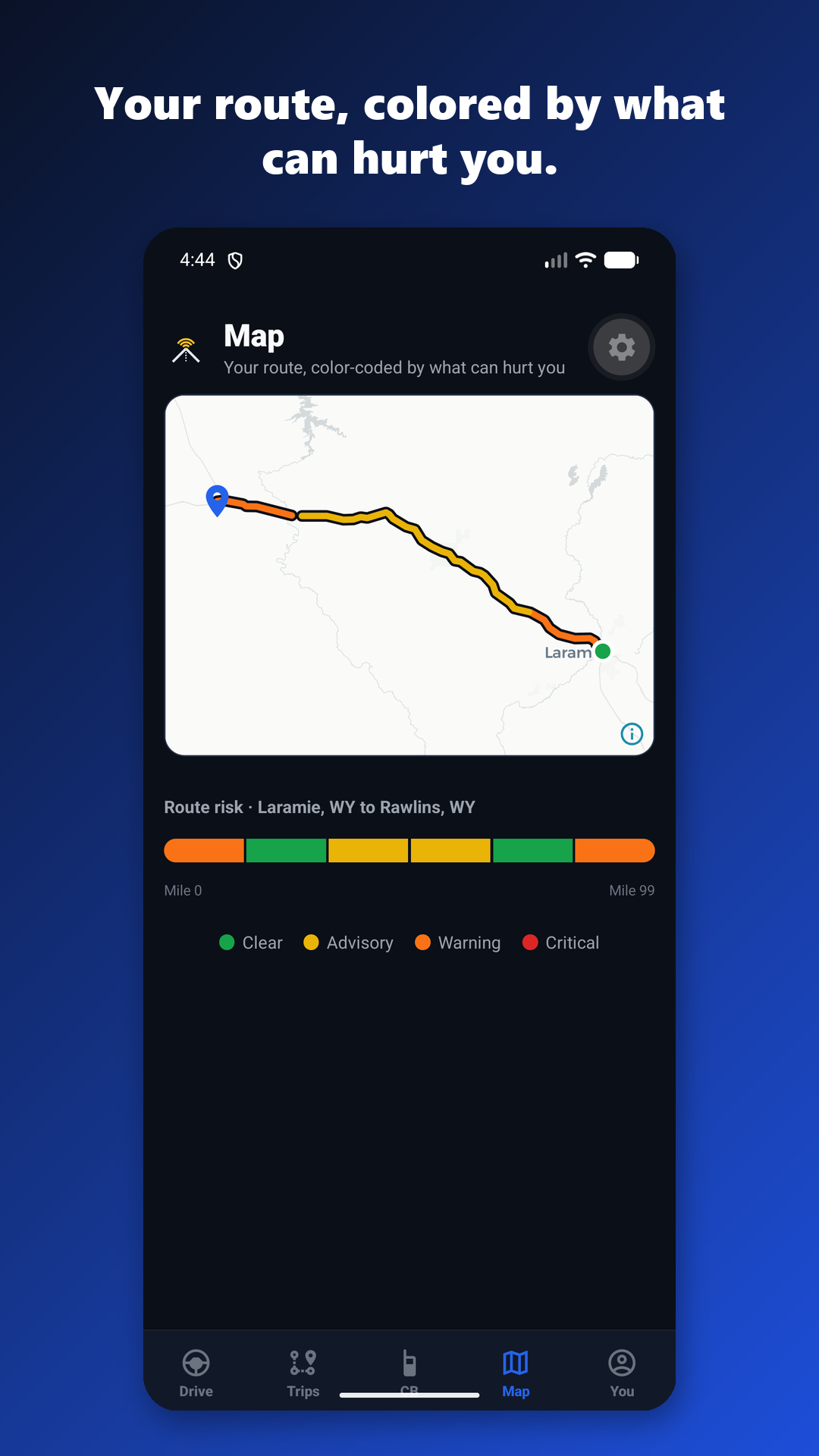 RigCast color-coded risk map following a highway segment by segment.