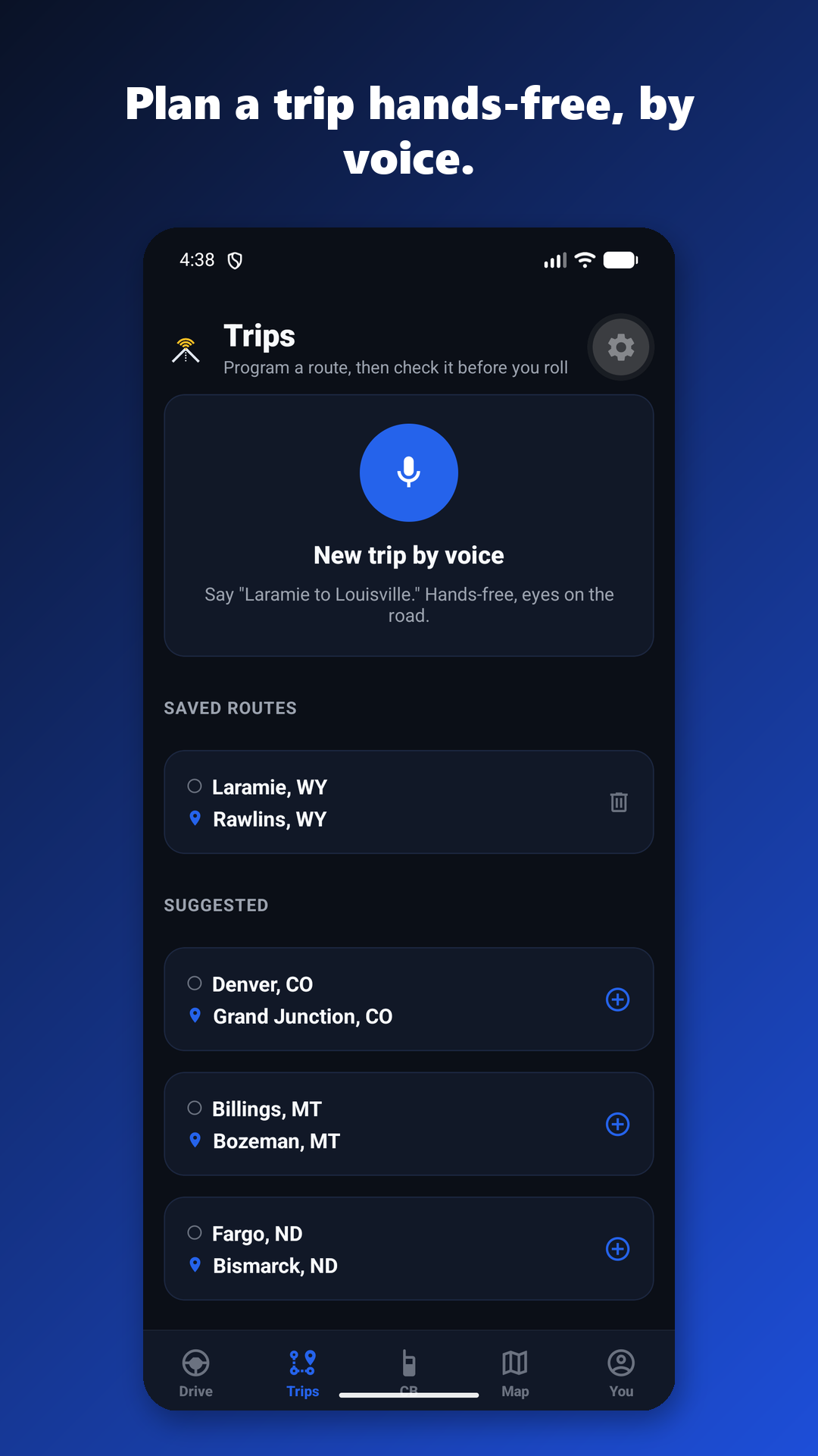 RigCast trips list with saved routes.