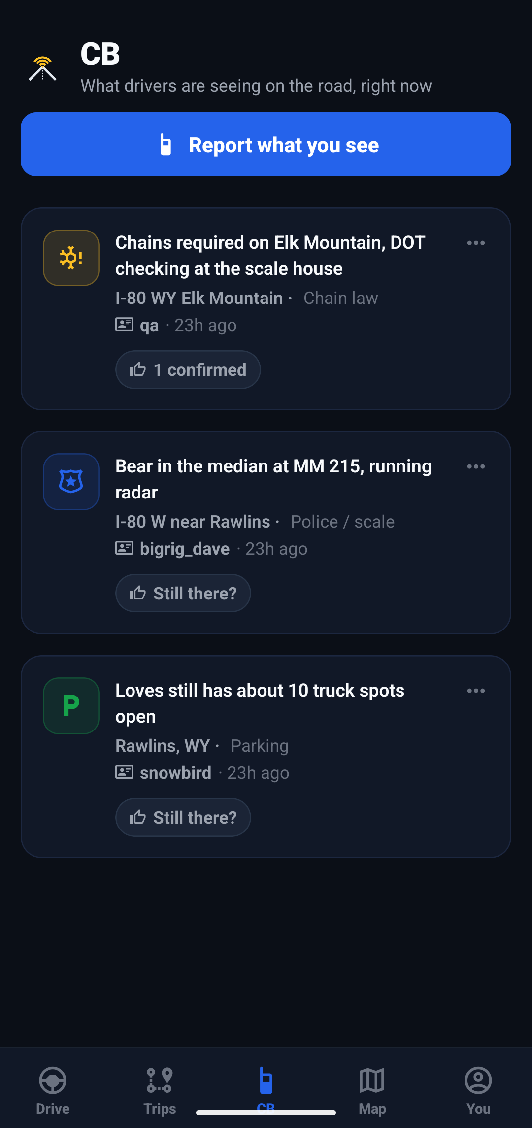 RigCast CB road feed with live driver reports.