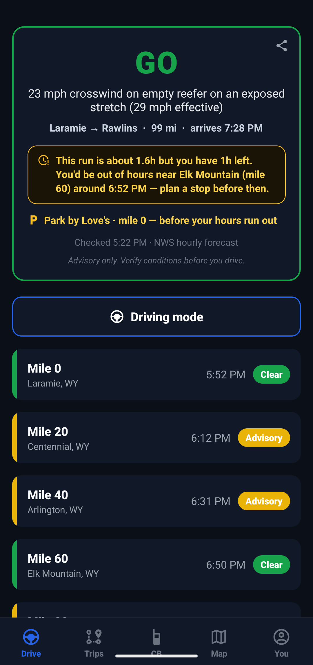 RigCast hours-of-service warning naming the last truck stop to park at.