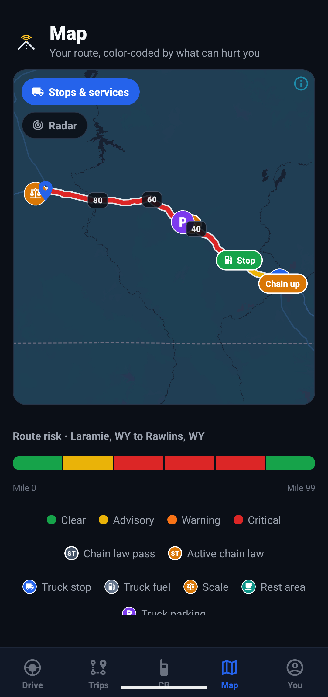 RigCast color-coded risk map following a highway.