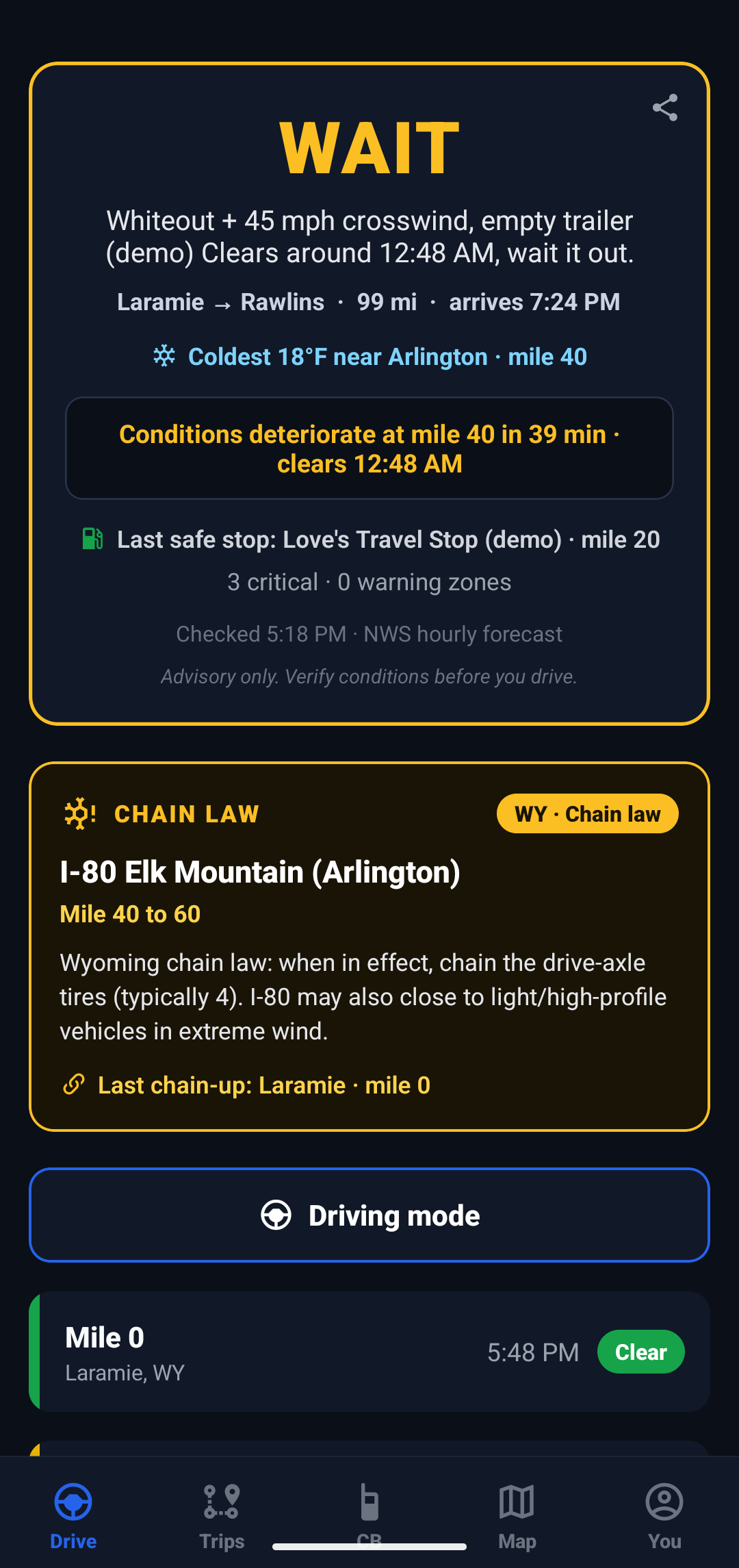 RigCast risk verdict with the reason and a chain-law alert.